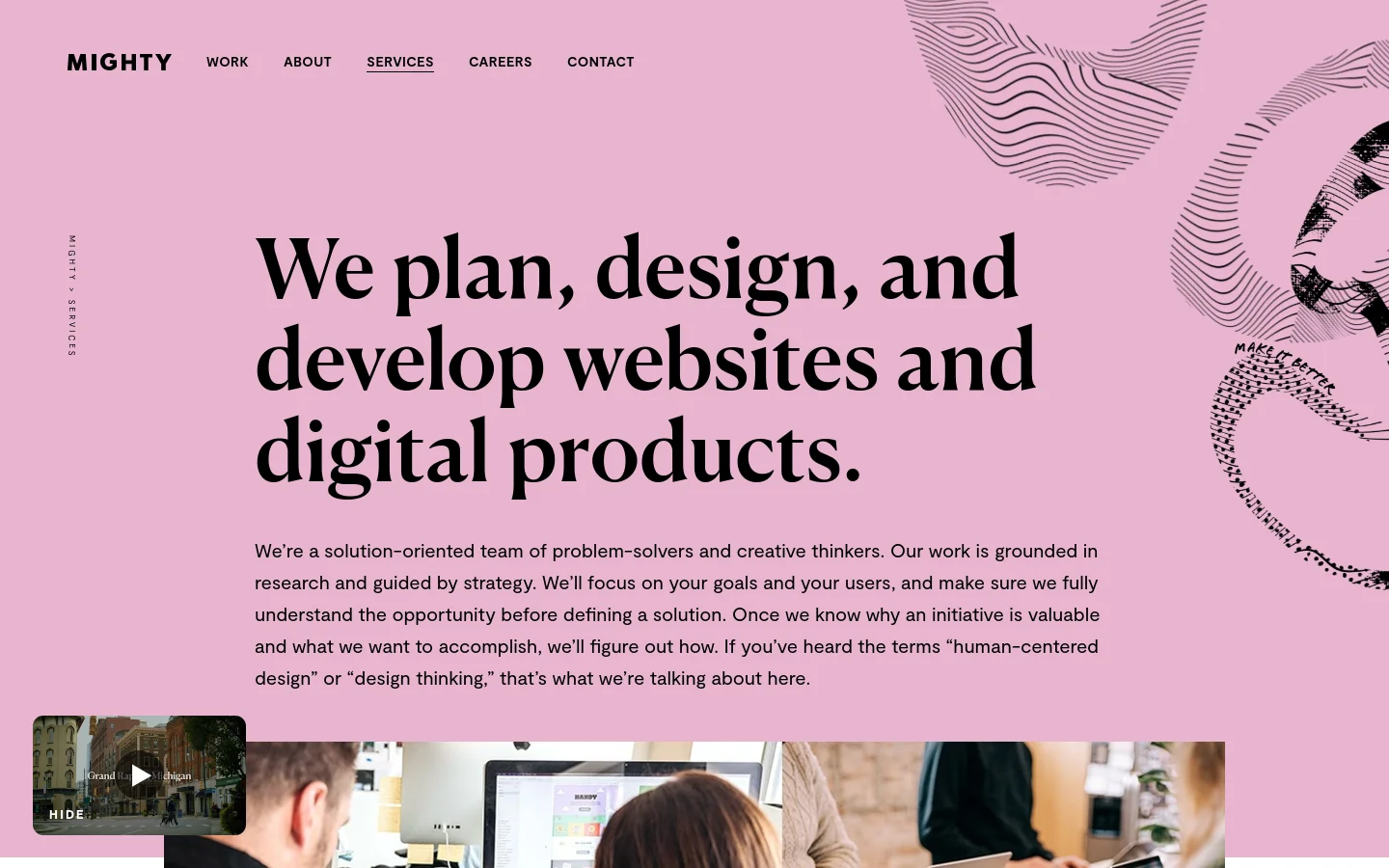 The desktop page features a light pink background with large, bold black headline text stating 'We plan, design, and develop websites and digital products.' Abstract black line art swirls in the top right corner. A navigation menu is at the top, and a hero image showing a team working at a table is partially visible at the bottom.