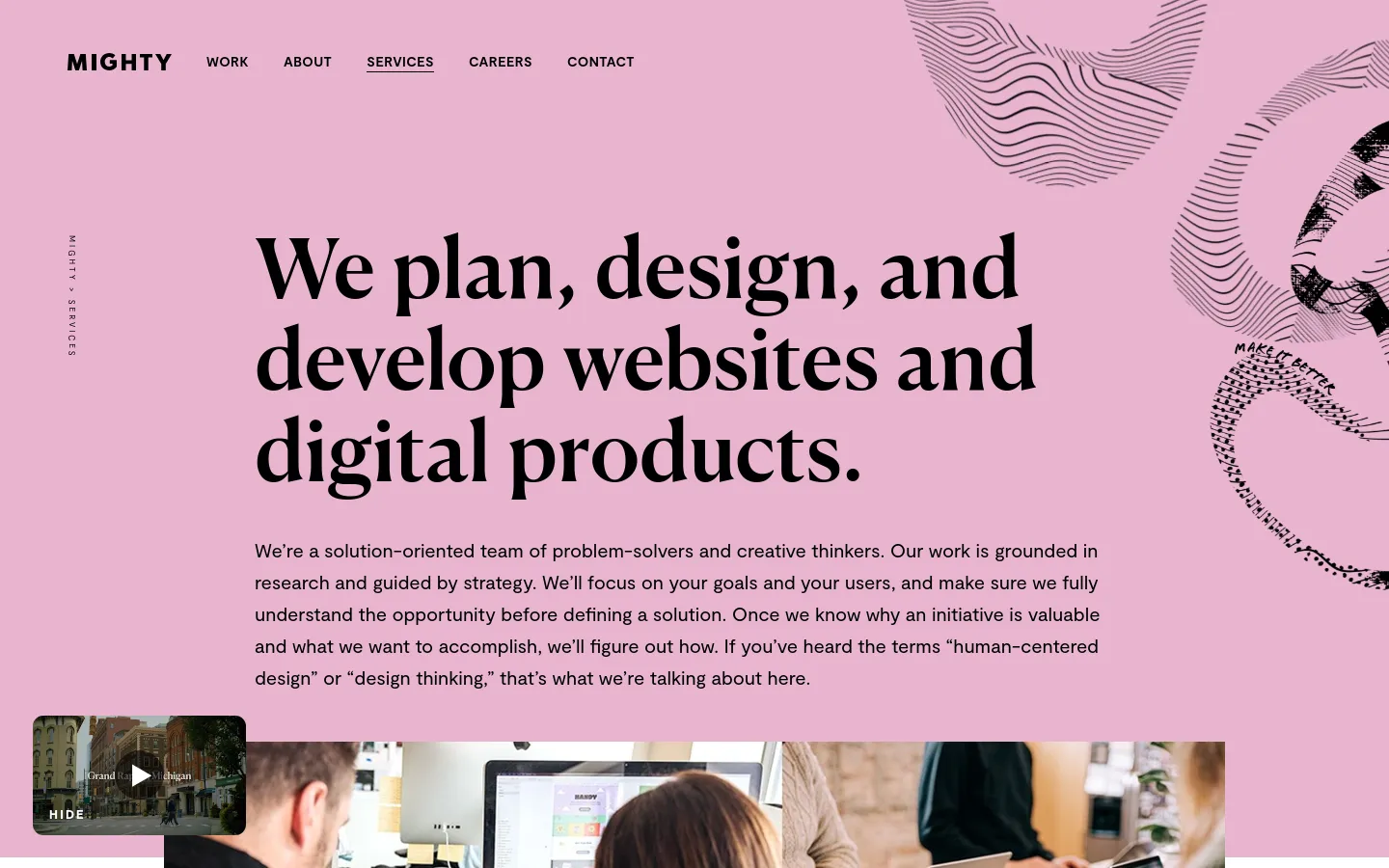 The desktop page features a light pink background with large, bold black headline text stating 'We plan, design, and develop websites and digital products.' Abstract black line art swirls in the top right corner. A navigation menu is at the top, and a hero image showing a team working at a table is partially visible at the bottom.