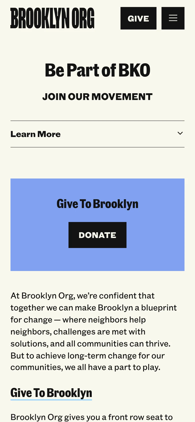 The mobile version uses a stacked layout optimized for vertical scrolling, featuring a hamburger menu and a prominent 'GIVE' button in the header. The hero text is centered, and the 'Learn More' section is condensed into a collapsible dropdown menu to save space.