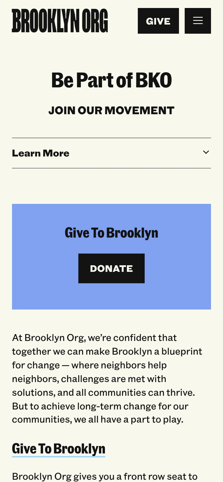 The mobile version uses a stacked layout optimized for vertical scrolling, featuring a hamburger menu and a prominent 'GIVE' button in the header. The hero text is centered, and the 'Learn More' section is condensed into a collapsible dropdown menu to save space.