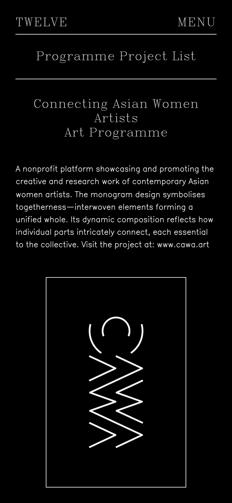 The mobile version uses a single-column vertical layout optimized for small screens. The navigation is condensed into a 'MENU' button at the top right, and the project list is presented as a long vertical list of text links. The featured project section follows the list, displaying the project title, description, and a large white graphic logo centered on the black background.