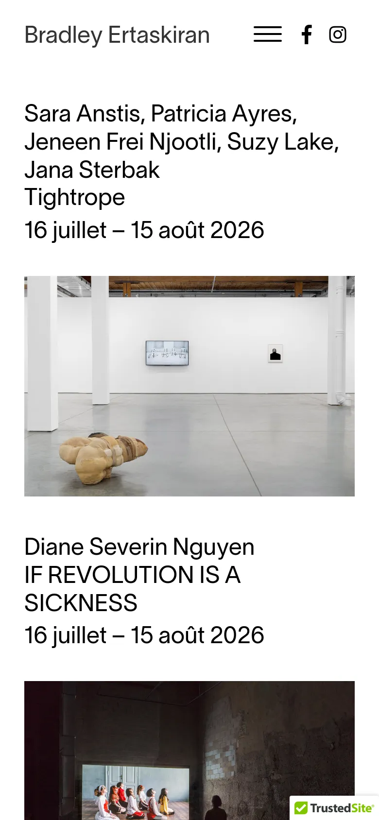 The mobile version features a simplified layout with a hamburger menu icon and social media links at the top. The content is stacked vertically, beginning with the gallery name, followed by large exhibition text and full-width images of art installations.