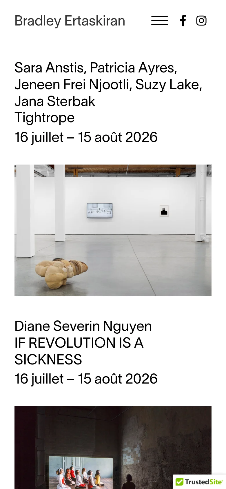 The mobile version features a simplified layout with a hamburger menu icon and social media links at the top. The content is stacked vertically, beginning with the gallery name, followed by large exhibition text and full-width images of art installations.