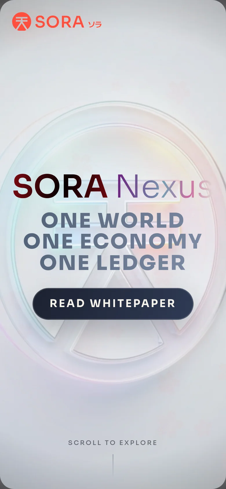 The mobile version presents a vertically oriented layout with the same minimalist aesthetic and light gray background. The 'SORA Nexus' branding and central text are stacked vertically to fit the narrow screen, maintaining the prominent 'READ WHITEPAPER' button and 'SCROLL TO EXPLORE' instruction.