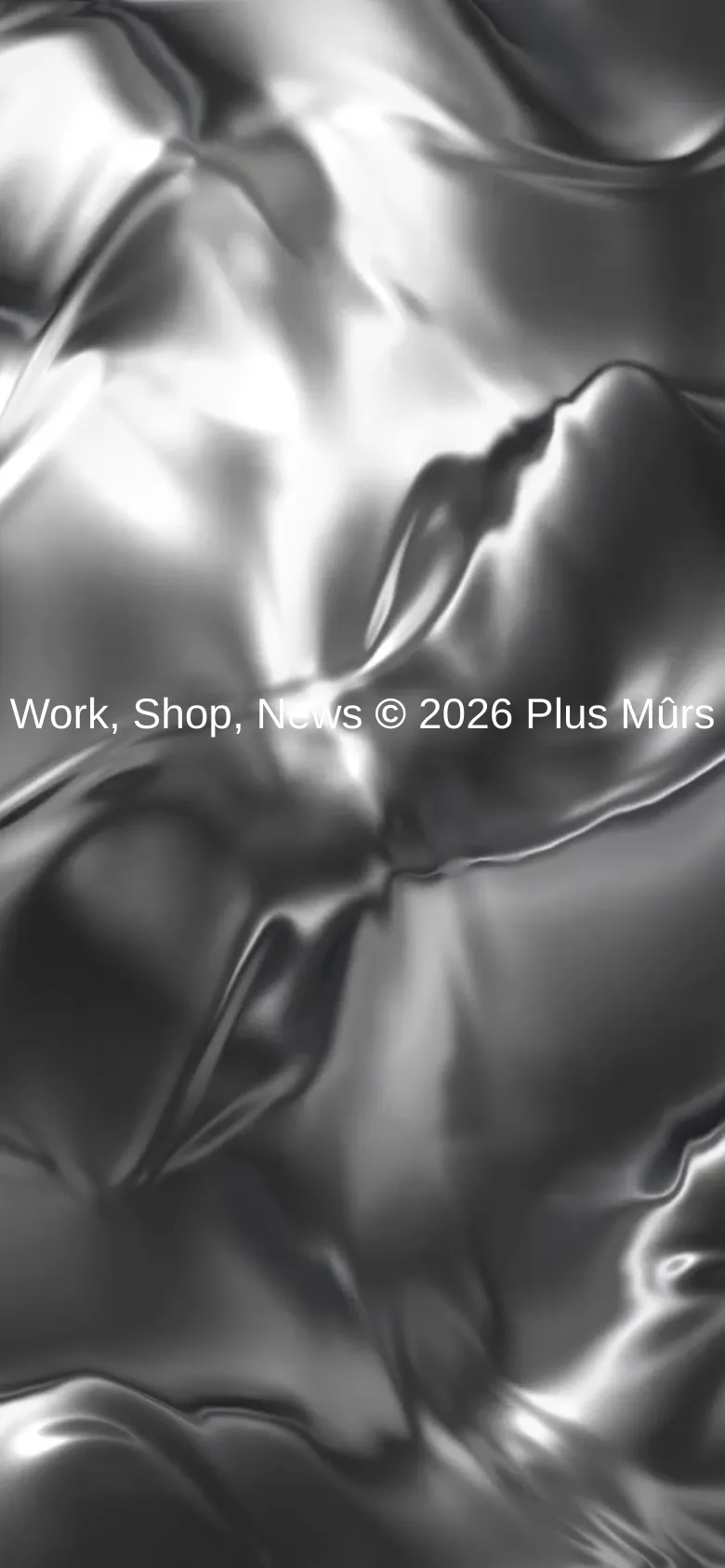 The mobile version maintains the same high-contrast, liquid silver abstract background as the desktop version. The layout is vertically oriented, with the navigation links and copyright text centered in the middle of the screen, providing a simplified, single-column view.
