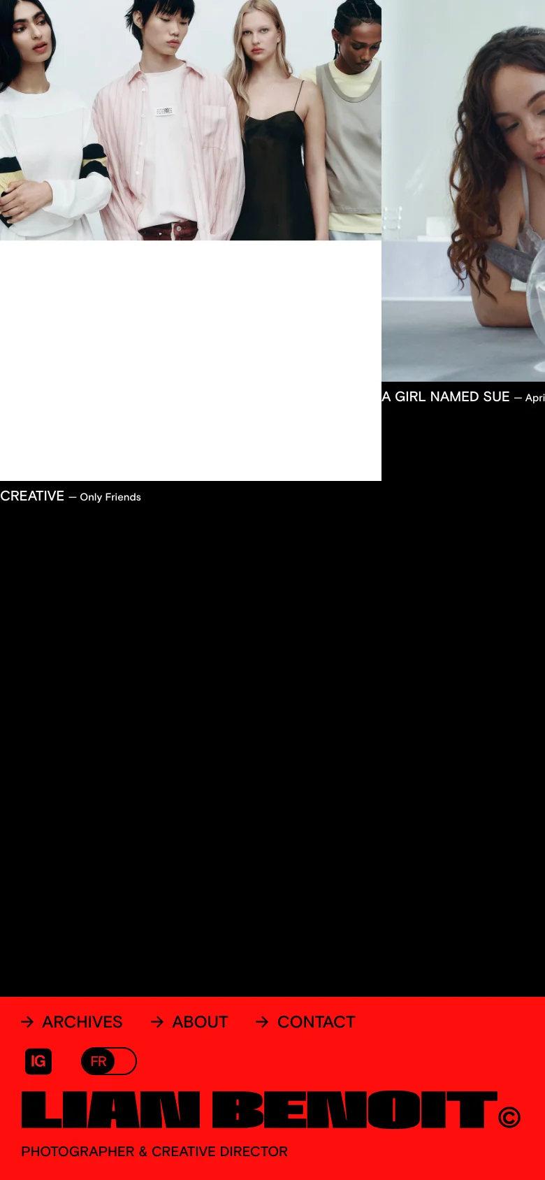 The mobile version presents a simplified, vertically stacked layout with a bold red footer containing the branding 'LIAN BENOIT' and navigation links. The hero imagery is condensed into a single-column view, and the primary navigation is moved to the bottom of the screen for easier access.
