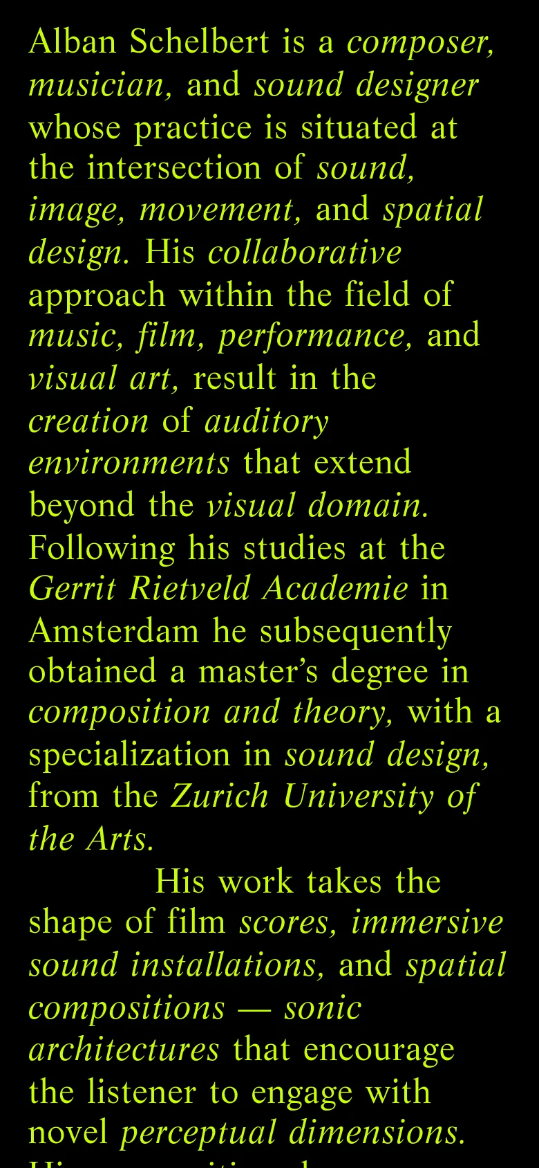 The mobile version maintains the dark theme and yellow text but uses a single-column layout with larger, more spaced-out typography. The text is centered, and the navigation links are stacked or spread across the bottom of the screen for easier tapping.