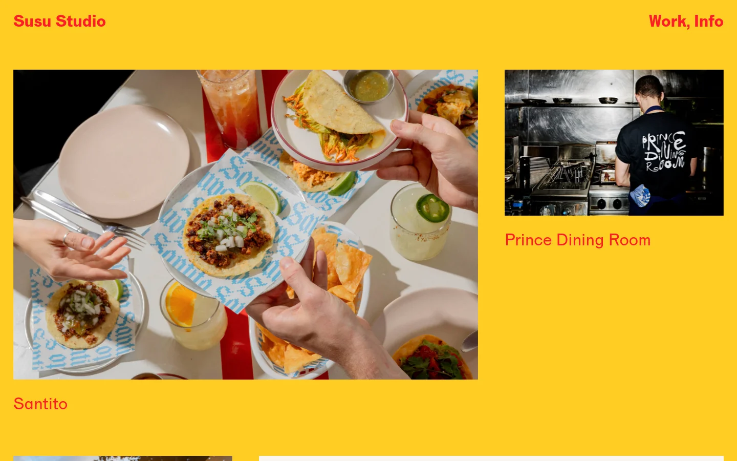 Susu Studio homepage with a vibrant yellow background featuring a minimalist layout. The desktop view displays a large hero image of tacos and drinks on the left, a smaller image of a chef in a kitchen on the right, and a grid of project names and images including Santito, Prince Dining Room, and MACHI Health.