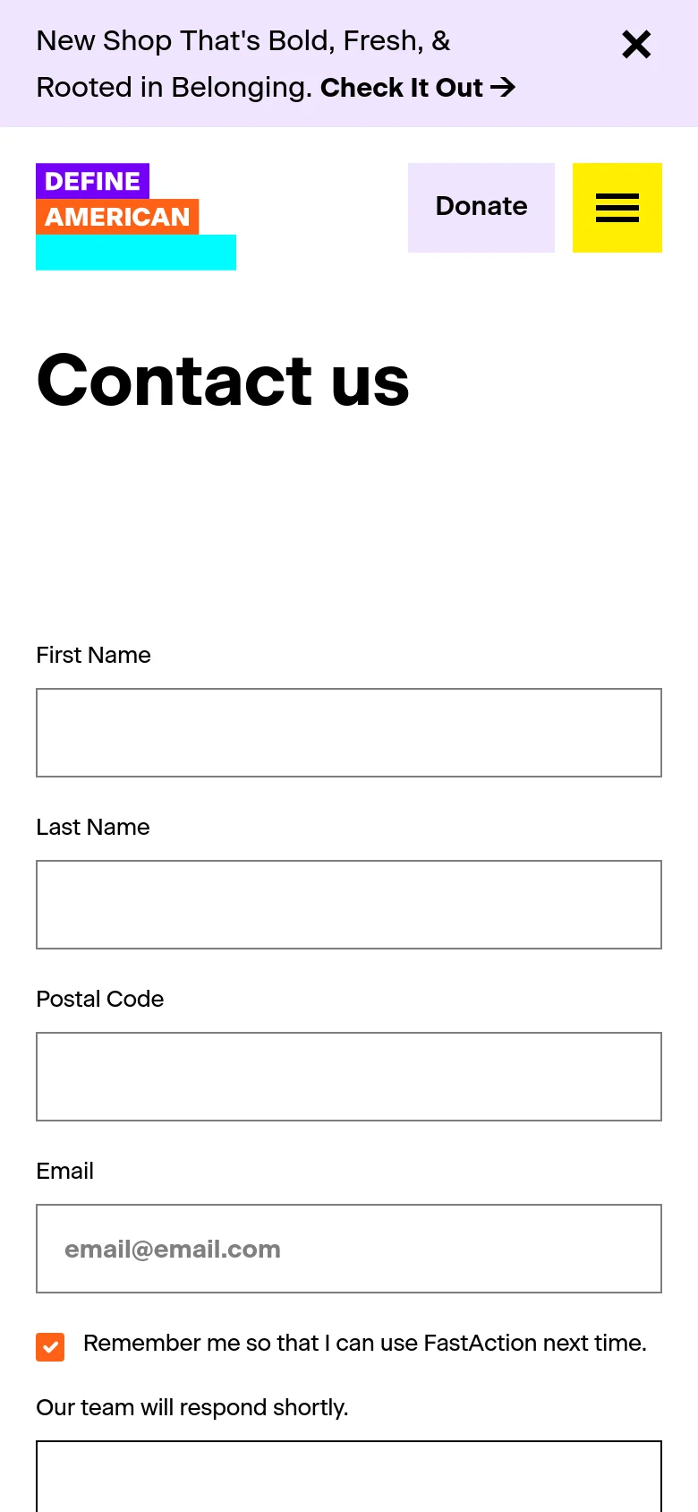 The mobile version simplifies the layout, replacing the top navigation links with a hamburger menu icon next to a yellow Donate button. The large 'Contact us' heading and the vertical contact form for name, postal code, and email remain the central focus on a white background.