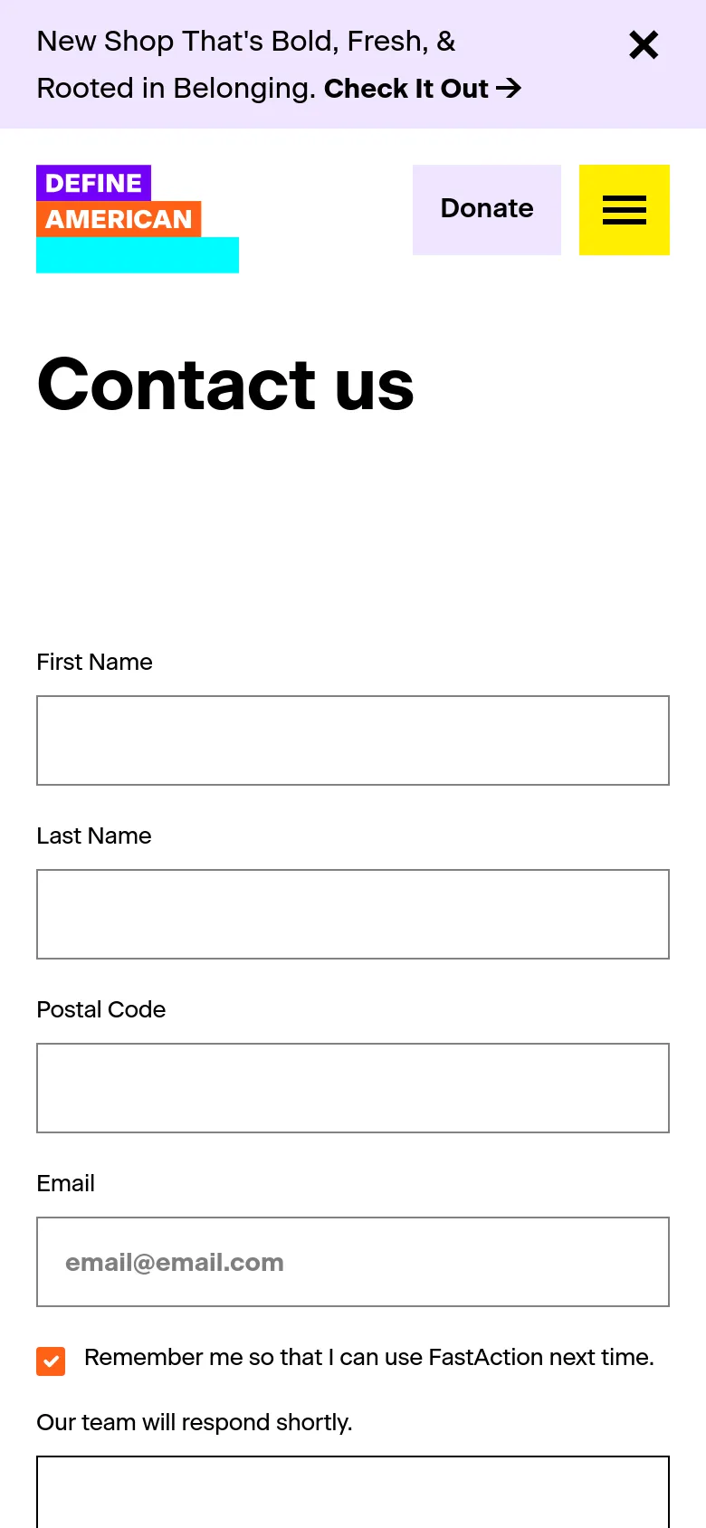 The mobile version simplifies the layout, replacing the top navigation links with a hamburger menu icon next to a yellow Donate button. The large 'Contact us' heading and the vertical contact form for name, postal code, and email remain the central focus on a white background.