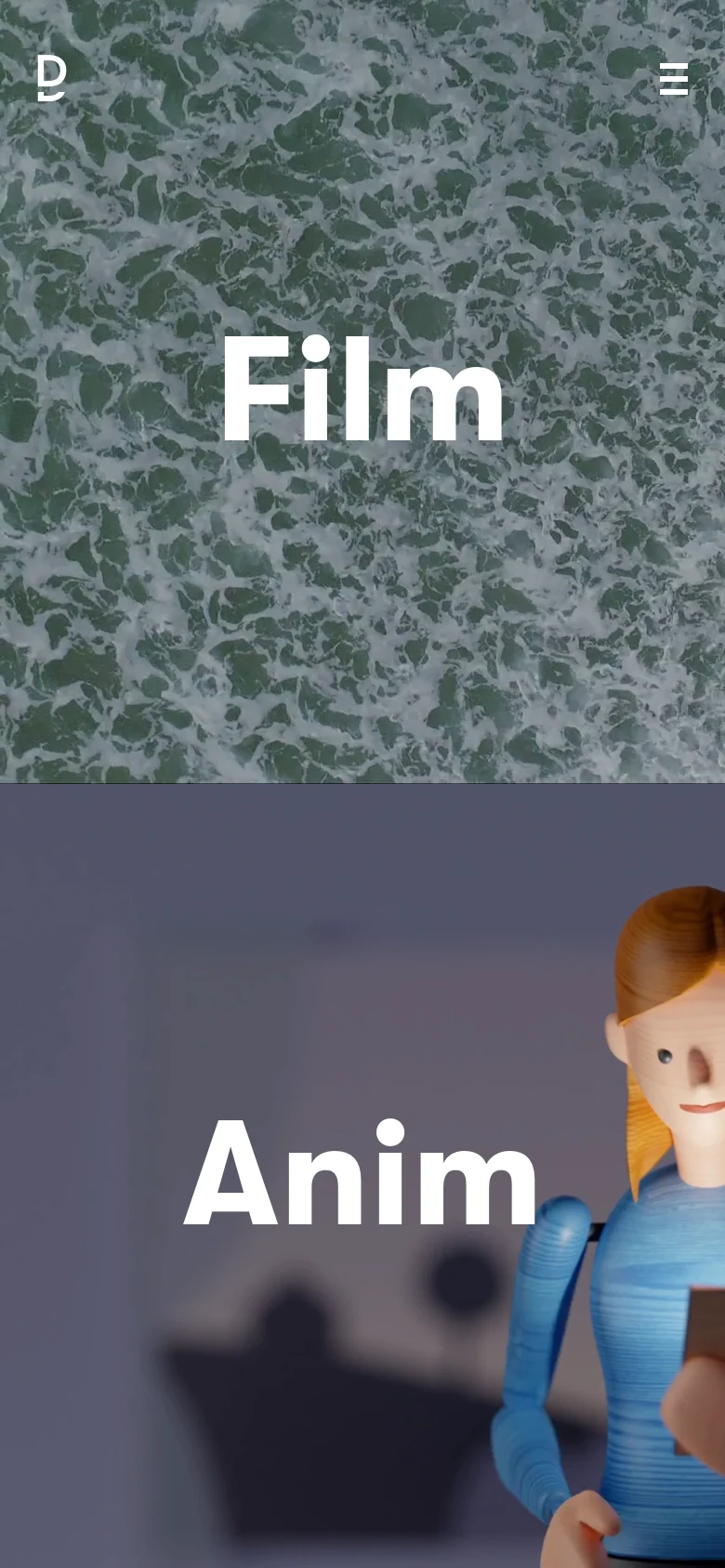 The mobile version uses a vertical stack of large, full-width imagery. The top section shows churning white sea foam with the word 'Film' in large white text, while the bottom section shows a 3D animated character with the partial word 'Anim'. A hamburger menu icon is located in the top right corner.