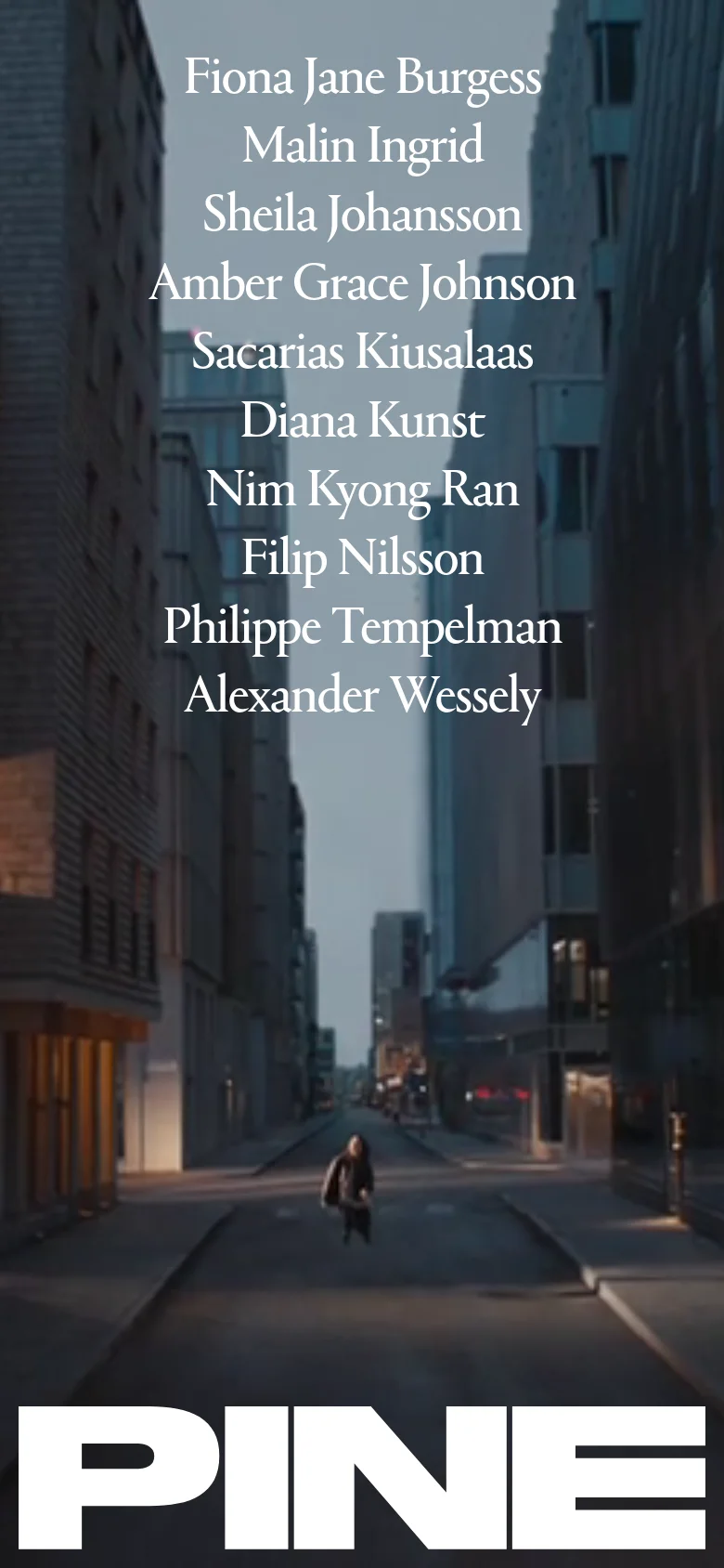 The mobile version presents a vertical layout with the 'PINE' logo at the bottom in large white letters. The background is a blurred urban street scene, and the list of names is centered in a single column above the logo.