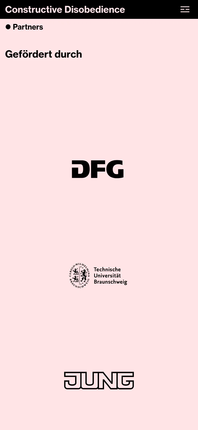 The mobile version maintains the light pink background and black text but uses a single-column vertical layout. The 'Constructive Disobedience' header is followed by a hamburger menu icon and the 'Partners' page title. The partner logos, such as DFG and Jung, are stacked vertically for easier scrolling on a smaller screen.
