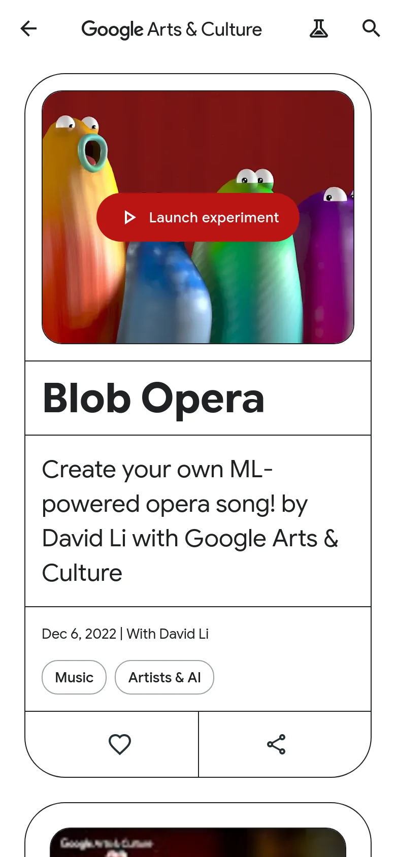 The mobile version displays a vertically stacked layout where the colorful blob character image appears above the text content. The 'Launch experiment' button is overlaid directly on the hero image, and the bottom of the screen features large, full-width buttons for liking and sharing the experiment.