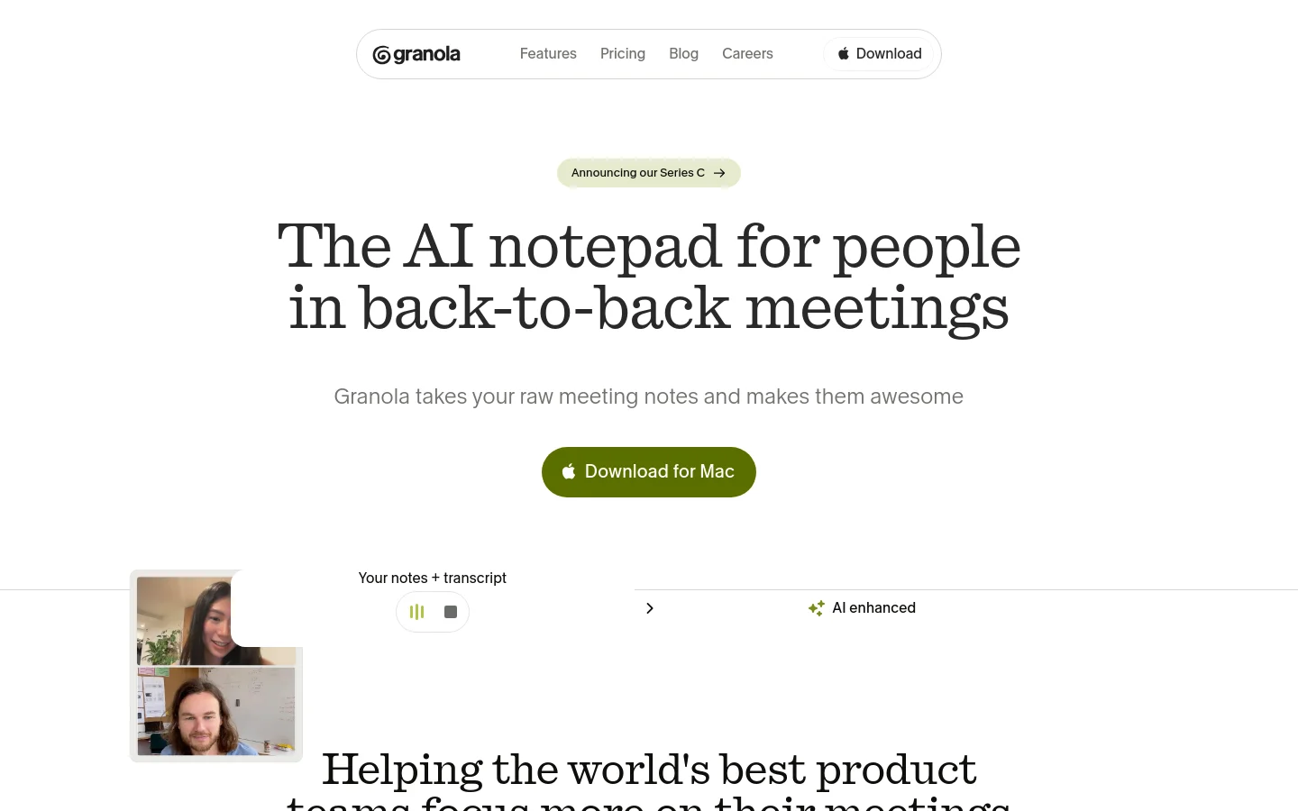 Granola homepage featuring a minimalist, high-contrast design with large serif typography. The hero section displays the headline "The AI notepad for people in back-to-back meetings" above a Download for Mac button and a split-screen UI demonstration showing notes and transcripts. A clean, white and dark grey palette defines the professional SaaS aesthetic.