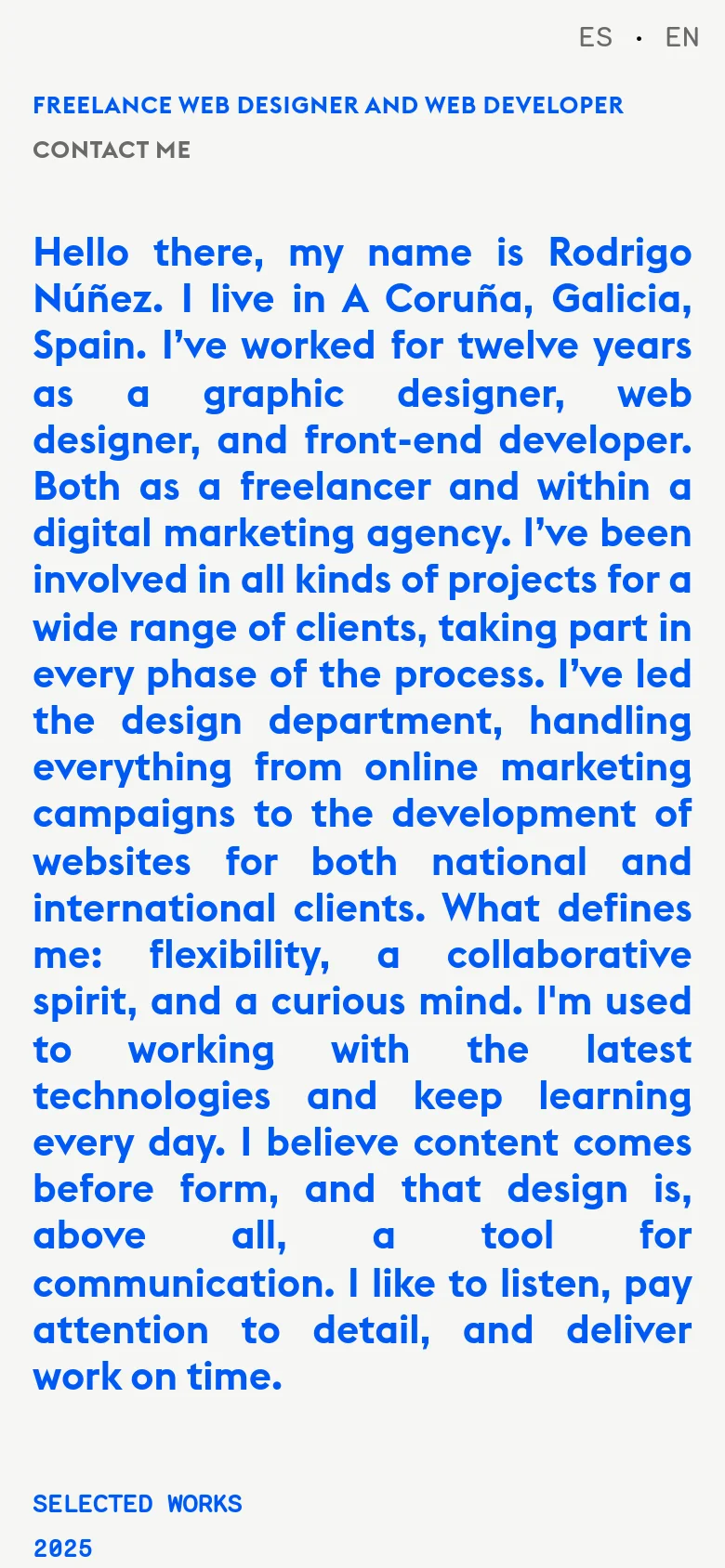 The mobile version presents a single-column vertical layout optimized for scrolling. The large blue introductory text appears at the top, followed by the 'Selected Works' list organized by year. The design maintains the minimalist aesthetic with high-contrast blue text on a white background.