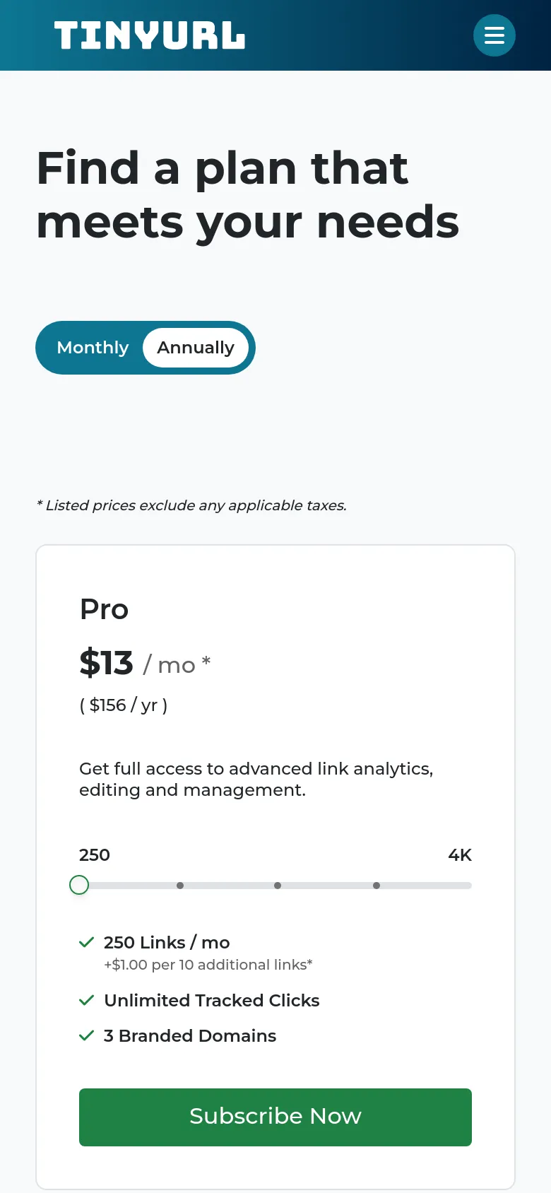 The mobile version uses a single-column vertical layout to display the pricing plans. The header is condensed with a hamburger menu, and the pricing cards are stacked on top of each other to ensure readability on a narrow screen.