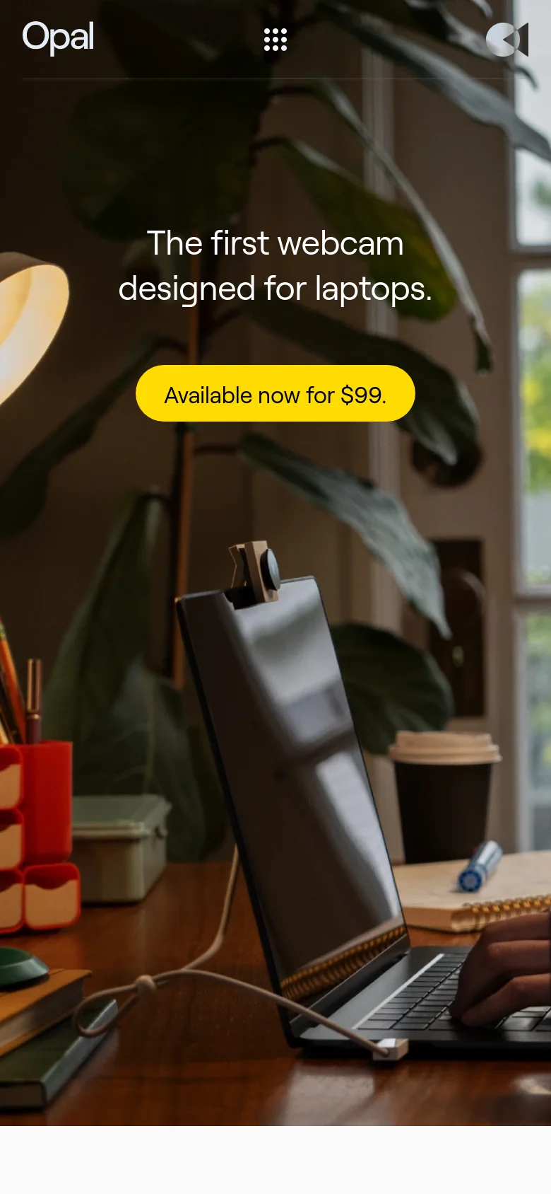The mobile version presents a vertically oriented hero image of the same person and laptop setup, with the headline and yellow 'Available now for $99' button centered. The top navigation is condensed into a grid icon, and the layout is optimized for a single-column scroll on a smaller screen.
