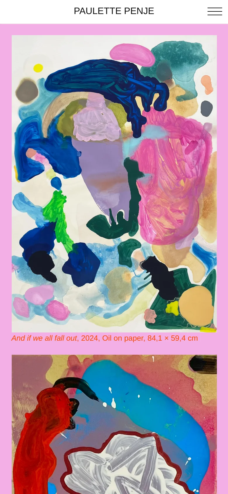 The mobile version maintains the minimalist white header and pink background but transitions to a single-column vertical scroll. The artwork and their corresponding descriptive text are stacked vertically, making the large-scale abstract paintings the primary focus of the narrow screen.