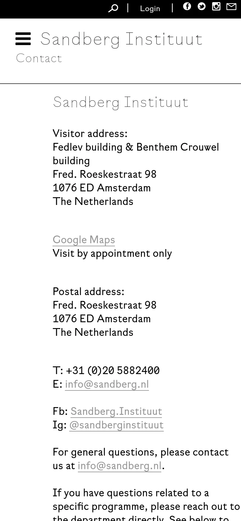 The mobile version presents a simplified, single-column layout with a hamburger menu icon at the top left. The contact information, including addresses and social media links, is stacked vertically for easy scrolling, removing the side navigation seen on the desktop version.