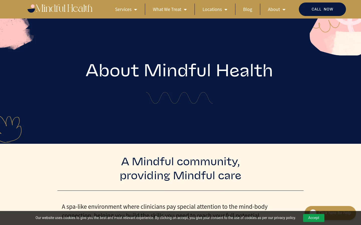 The desktop About page features a dark navy hero section with the headline 'About Mindful Health' and abstract organic shapes in pink and gold. A white navigation bar at the top includes a logo, dropdown menus for Services and What We Treat, and a dark blue 'CALL NOW' button. Below the hero, a cream-colored section displays the heading 'A Mindful community, providing Mindful care' above descriptive text.