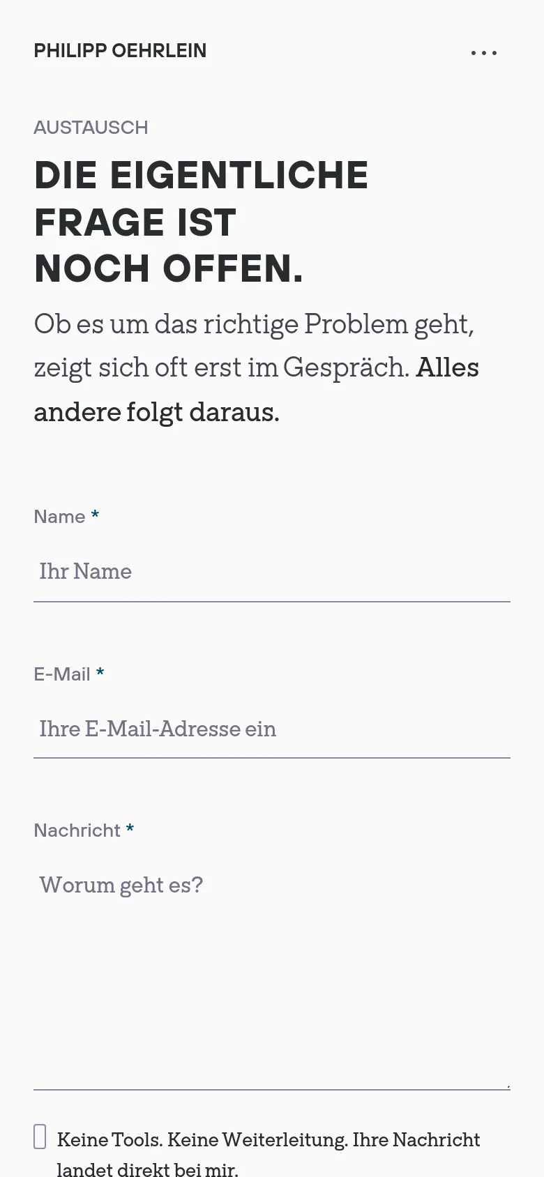 The mobile version presents a single-column vertical layout. The large headline and introductory text are at the top, followed by the contact form fields for Name, E-Mail, and Message. The sidebar information from the desktop version is removed or repositioned to flow vertically below the main content.