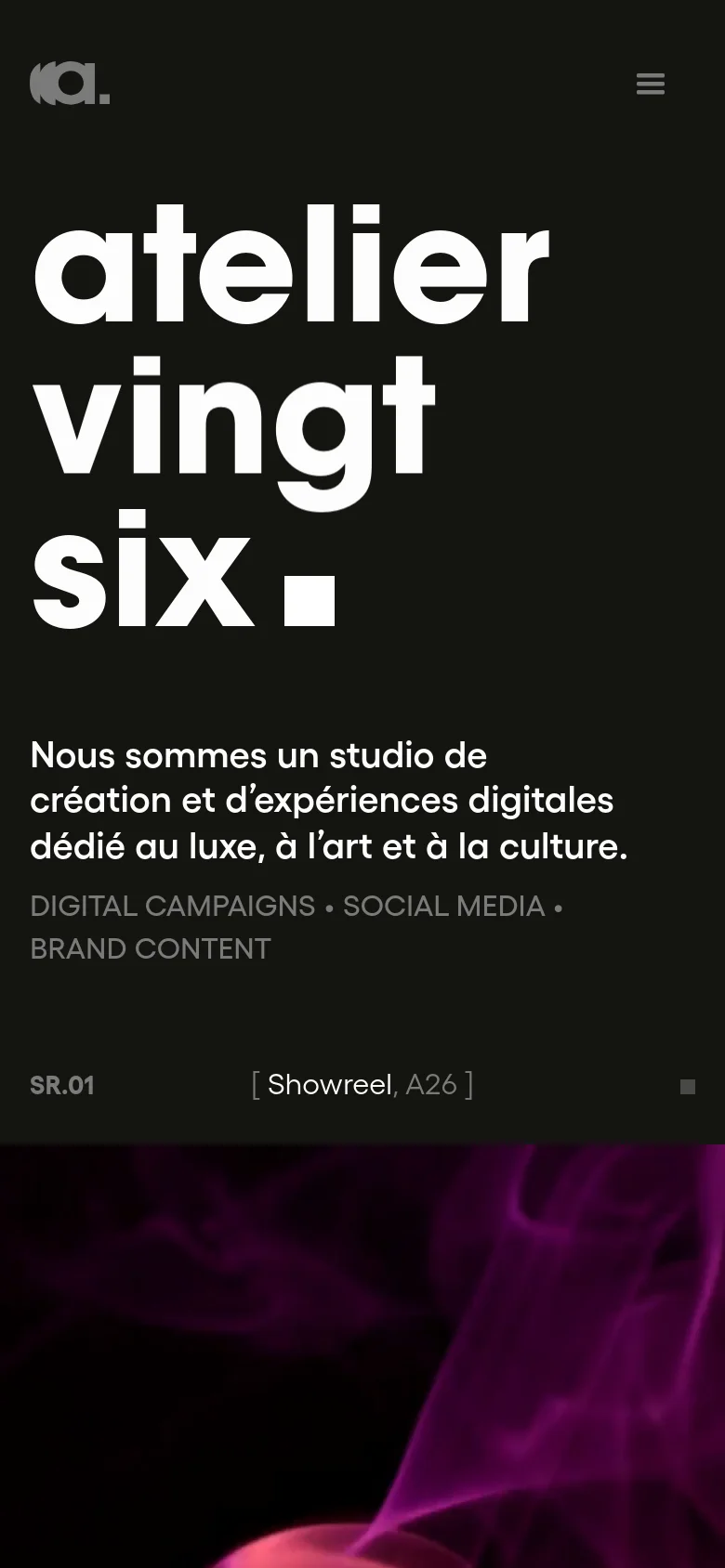 The mobile version maintains the dark aesthetic and large white 'atelier vingt six' headline but uses a hamburger menu icon for navigation instead of a top bar. The layout is vertically stacked, placing the studio description directly beneath the main title, followed by a single-column or condensed view of the work gallery.