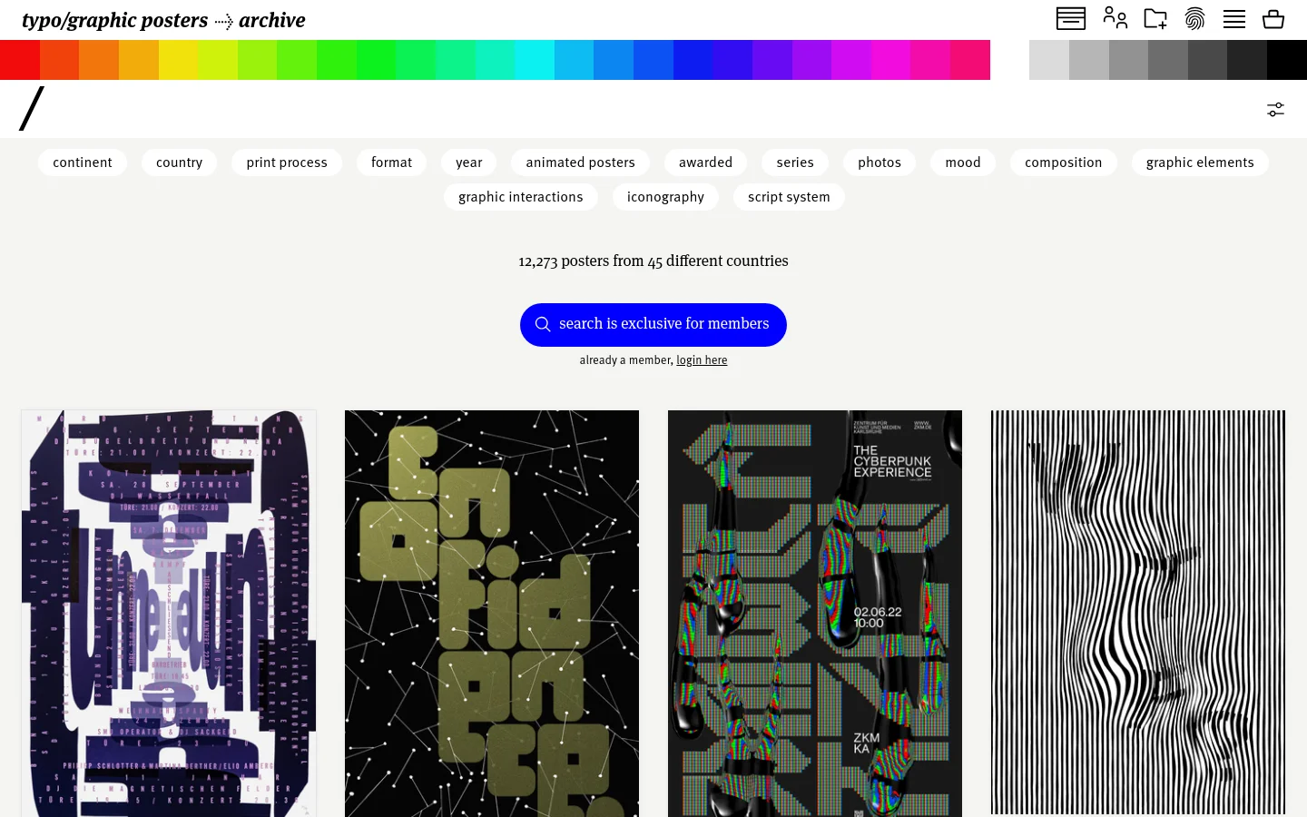 The desktop homepage features a minimalist white layout with a vibrant rainbow color bar at the top and a grid of filter tags like 'continent', 'country', and 'print process'. A large blue call-to-action button reads 'search is exclusive for members' above a gallery of colorful typographic posters. The header includes navigation icons for user accounts, shopping, and a menu.