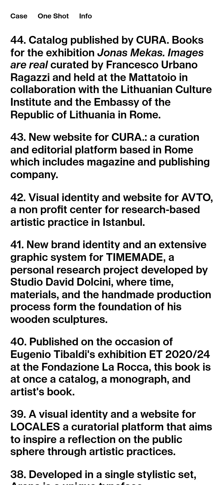 The mobile version maintains the minimalist white and black aesthetic but uses a single-column layout for the text. The font size is adjusted for readability on a smaller screen, and the navigation links remain at the top of the page.