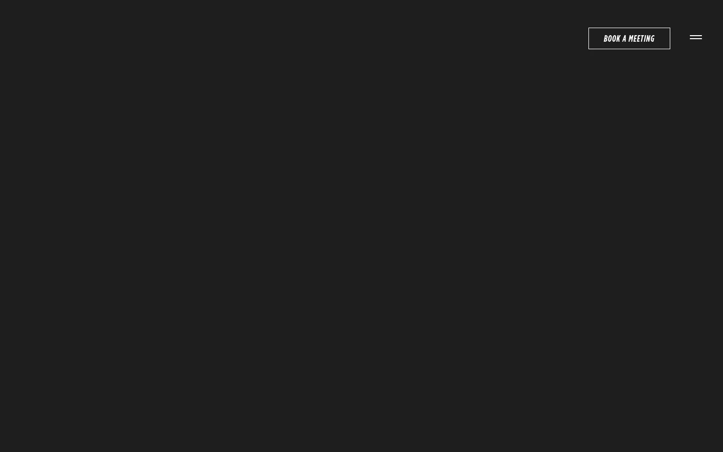 The desktop page features a minimalist dark theme with white text. The header includes the brand name 'Wolves, Not Sheep' and a 'Book a Meeting' button, while the main content outlines the company's approach through headings and descriptive text sections. The layout is spacious with a clean, professional aesthetic.