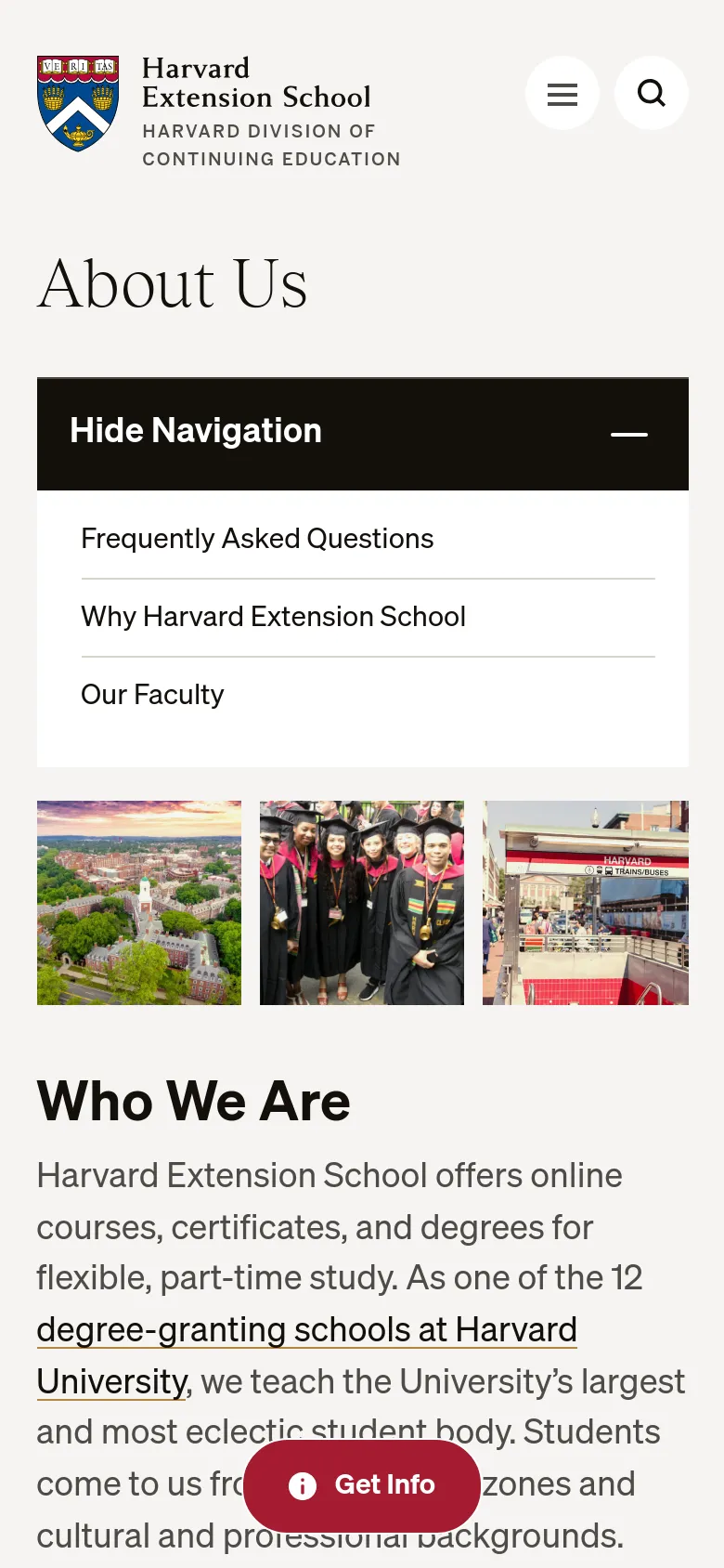 The mobile version simplifies the layout by replacing the top navigation with a hamburger menu and a search icon. The 'Hide Navigation' section expands into a full-width accordion menu containing the primary sub-links. The three images and the 'Who We Are' section are stacked vertically for easier scrolling on a narrow screen.