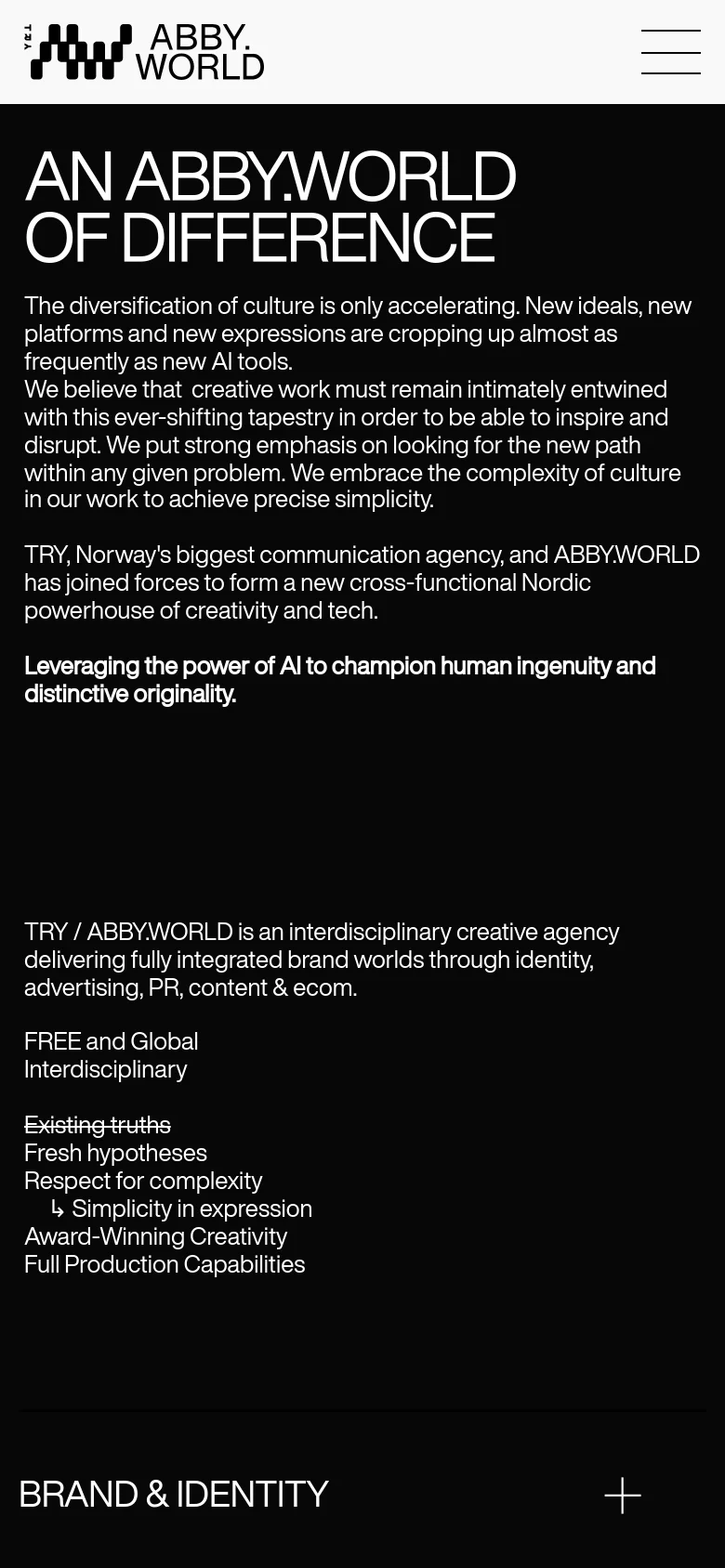 The mobile version simplifies the layout into a single vertical column on a black background. The large headline and introductory text appear first, followed by the agency's mission and a list of service attributes, with the Earth imagery removed to prioritize readability.