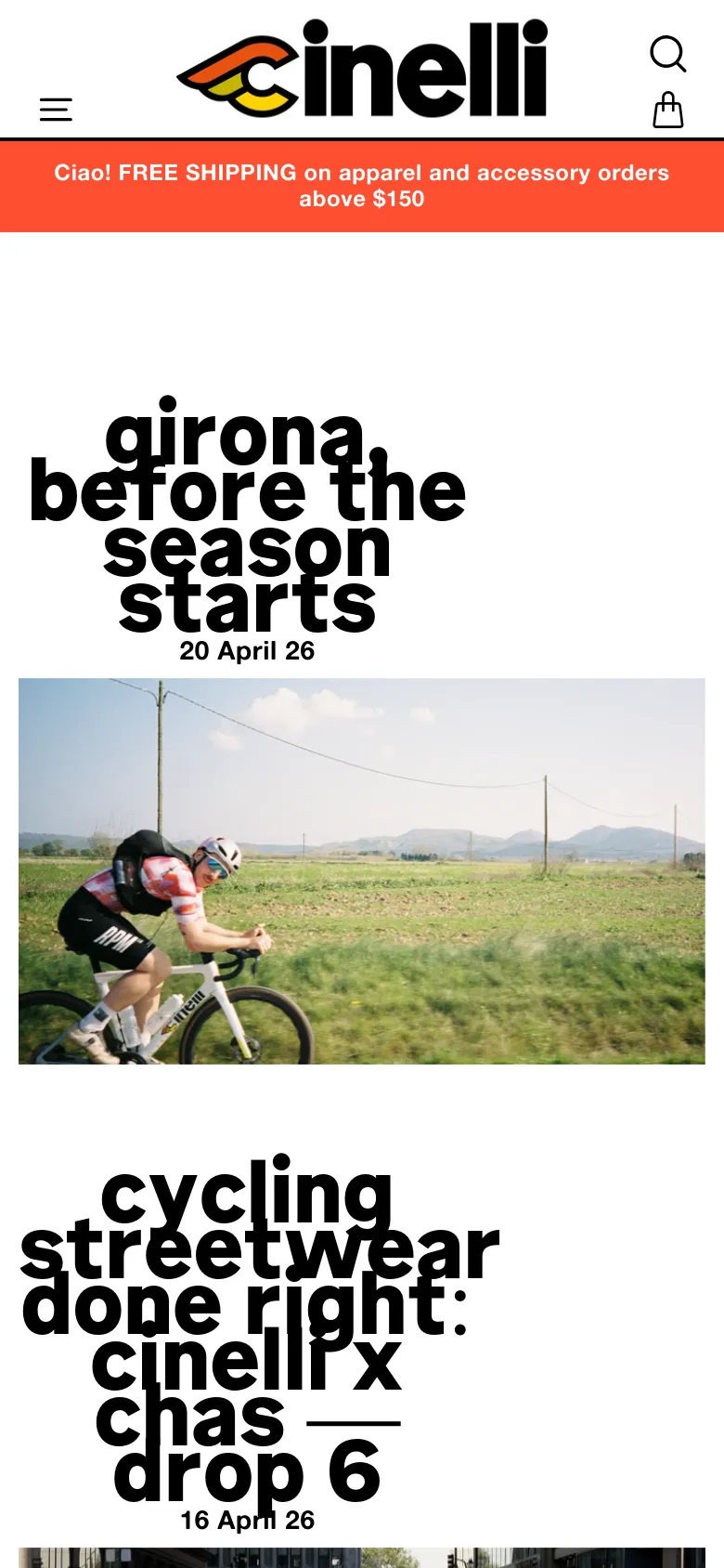 The mobile version presents a simplified layout with a hamburger menu and the Cinelli logo centered in the header above a red promotional banner. The news content is displayed in a single-column vertical stack, featuring large full-width images followed by oversized, bold black headlines and dates.