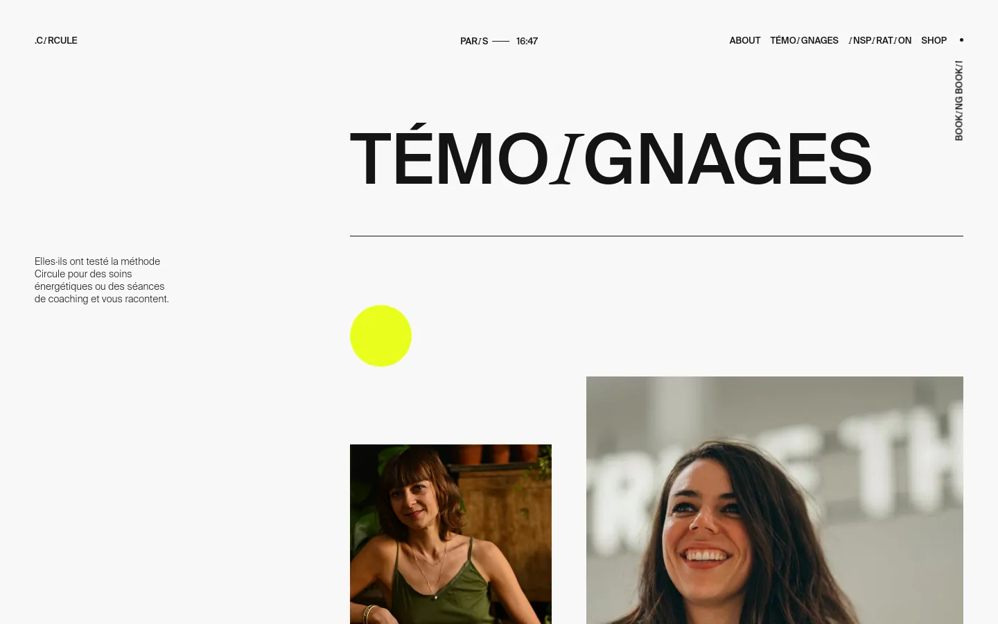 The desktop page features a minimalist white background with the large heading 'TÉMOIGNAGES' in black. A lime green circle sits near the center, and the layout uses a multi-column grid to display client testimonials, each consisting of a portrait photo, a name, and a short quote. The navigation menu is located at the top, and the design uses ample white space.