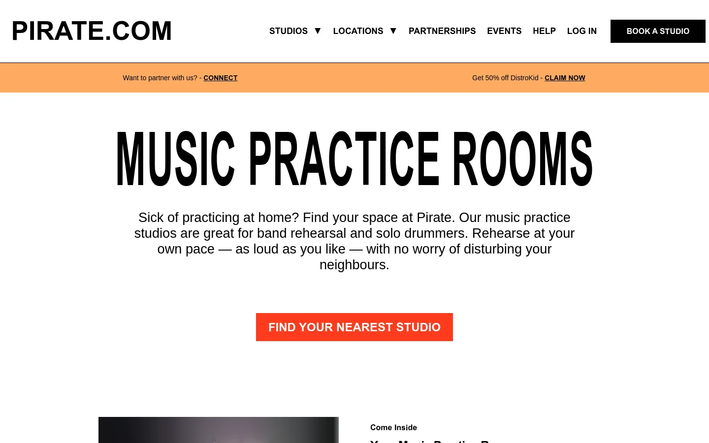The desktop page features a large, bold headline 'MUSIC PRACTICE ROOMS' centered on a white background, followed by an introductory paragraph and a bright orange 'FIND YOUR NEAREST STUDIO' call-to-action button. An orange announcement bar at the top contains partnership and discount links. The layout is clean and spacious with a minimalist aesthetic.