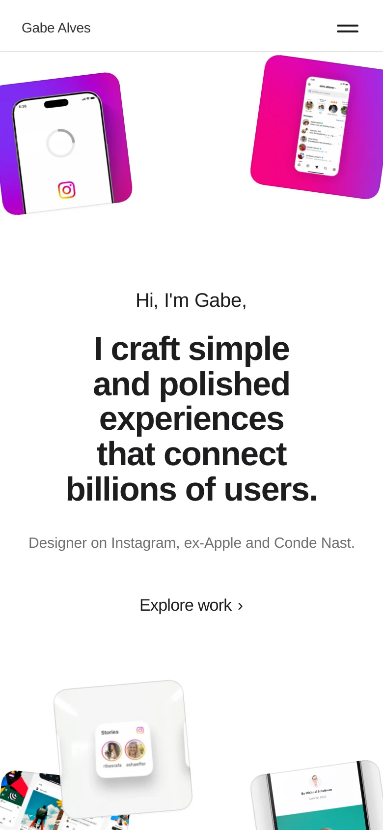 The mobile version maintains the minimalist white aesthetic and bold centered typography but rearranges the layout into a single vertical column. The floating app mockups are stacked vertically around the central text, and the desktop navigation is replaced by a hamburger menu icon in the top right corner.