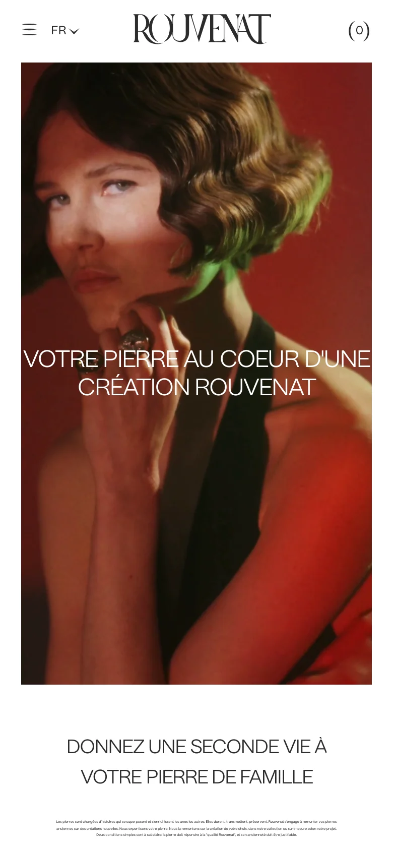 The mobile version displays a vertically oriented hero image of the woman, with the headline centered over her face. The navigation is condensed into a hamburger menu icon on the top left, with the brand name 'ROUVENAT' centered and a shopping bag icon on the right. Below the hero section, the text 'DONNEZ UNE SECONDE VIE À VOTRE PIERRE DE FAMILLE' appears on a plain white background.
