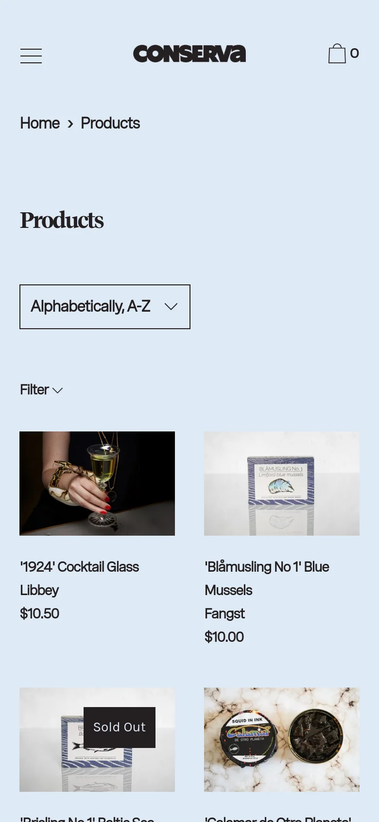 The mobile version simplifies the layout, replacing the left sidebar with a collapsible 'Filter' menu. The product grid shifts to a two-column view, showing product images, names, and prices in a more compact format for vertical scrolling.