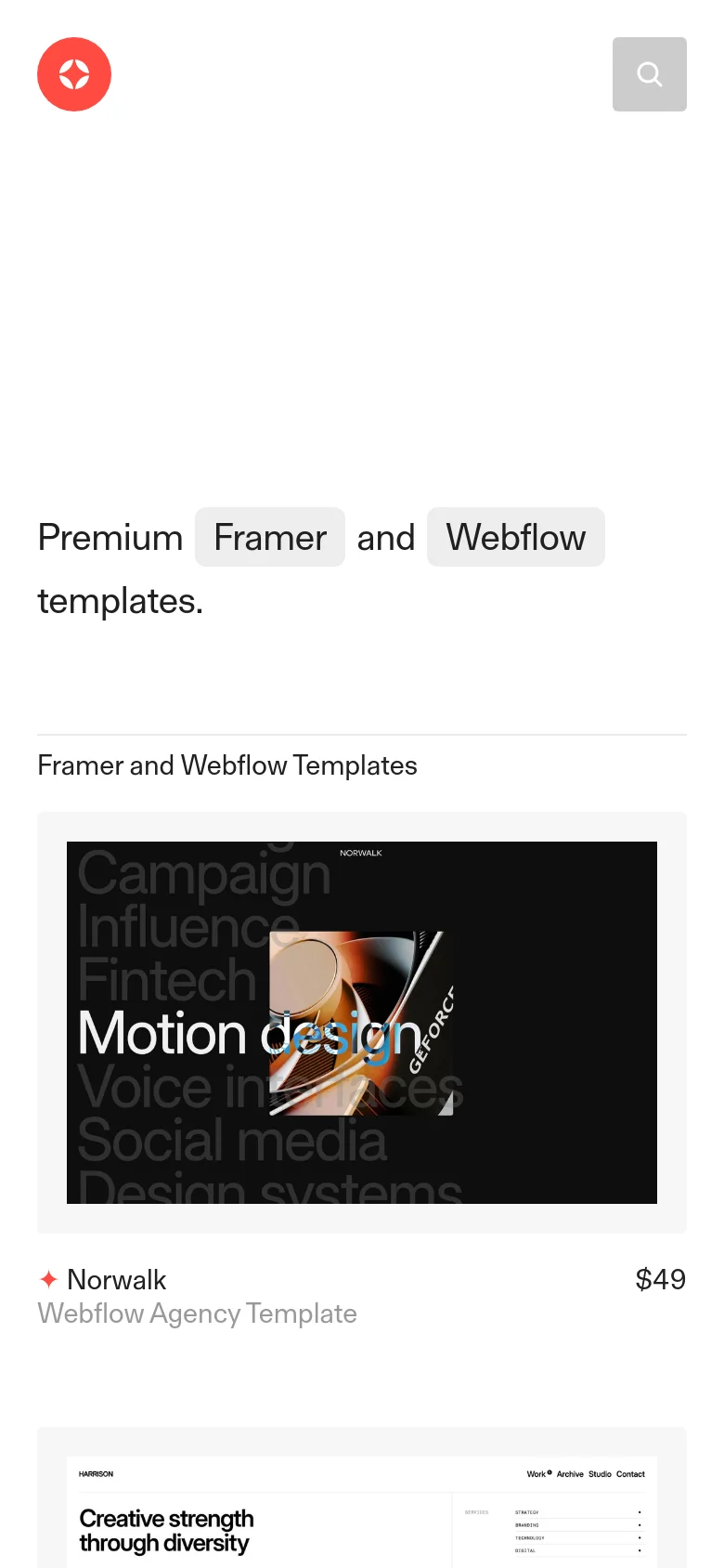 The mobile version maintains the minimalist white aesthetic but uses a single-column vertical layout for the template grid. The headline text is centered and scaled for smaller screens, and the template preview cards, such as 'Norwalk,' occupy the full width of the screen to ensure readability.