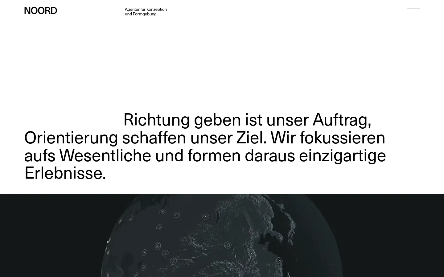 The desktop homepage for Noord features a minimalist white header with the logo and a hamburger menu. A large, centered headline introduces the agency's mission, followed by a dark hero section showing a detailed, textured 3D render of a dark globe with subtle circular markers.