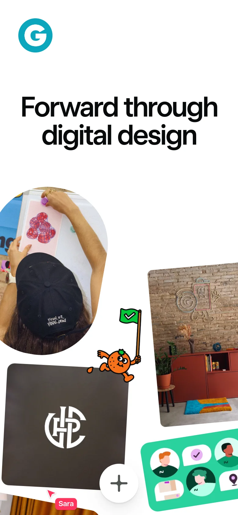 The mobile version maintains the white background and large black headline, but the layout is vertically stacked. The teal 'G' logo is centered at the top, and the decorative organic shapes and images are rearranged into a single column, with a white plus icon floating near the bottom center.