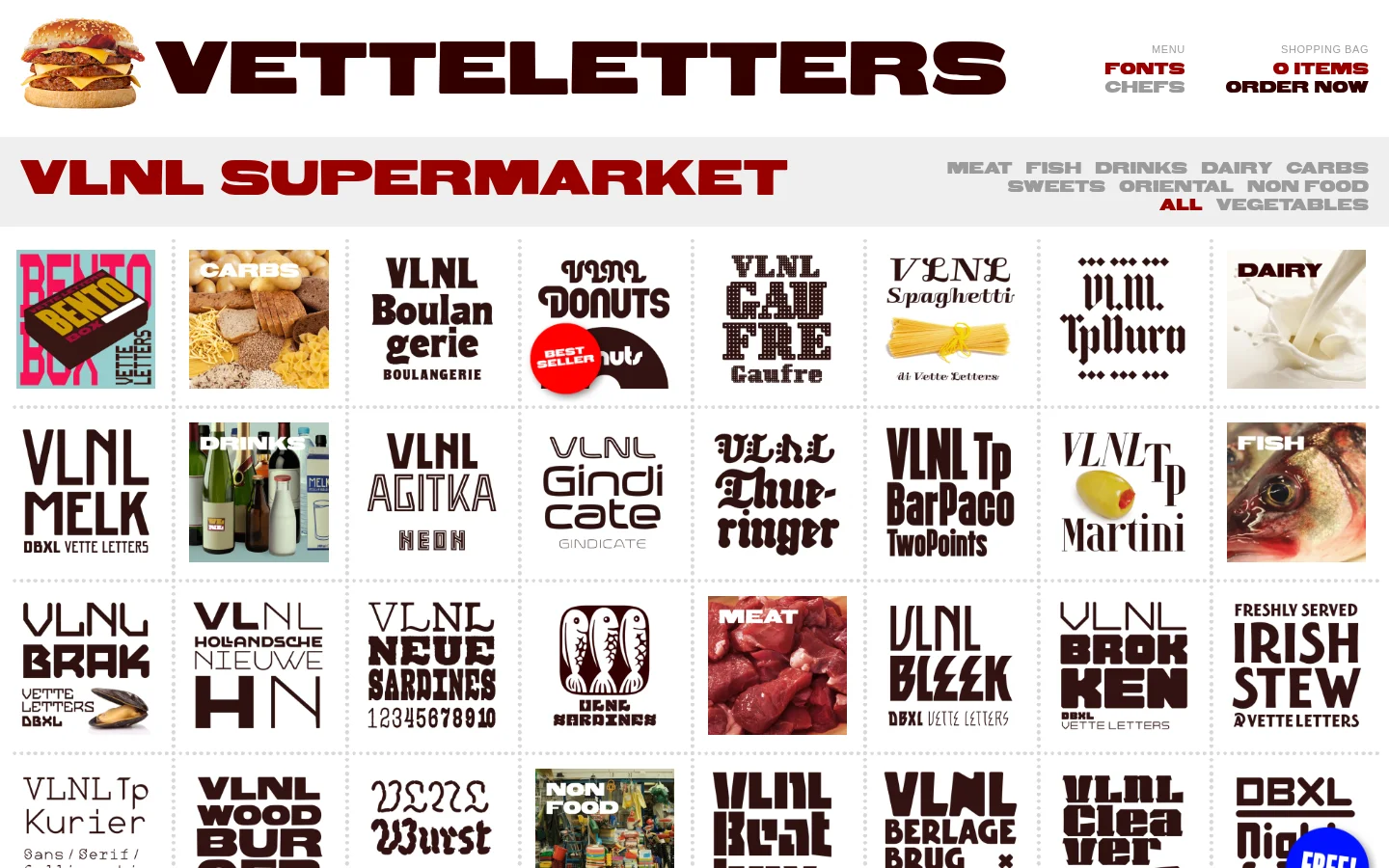 The desktop website features a large 'VETTELETTERS' logo with a burger icon and a navigation menu for Fonts and Chefs. Below the header, a 'VLNL SUPERMARKET' headline is followed by a category filter list and a grid of various font preview tiles, each showcasing unique typography themed around food items like carbs, dairy, and meat.