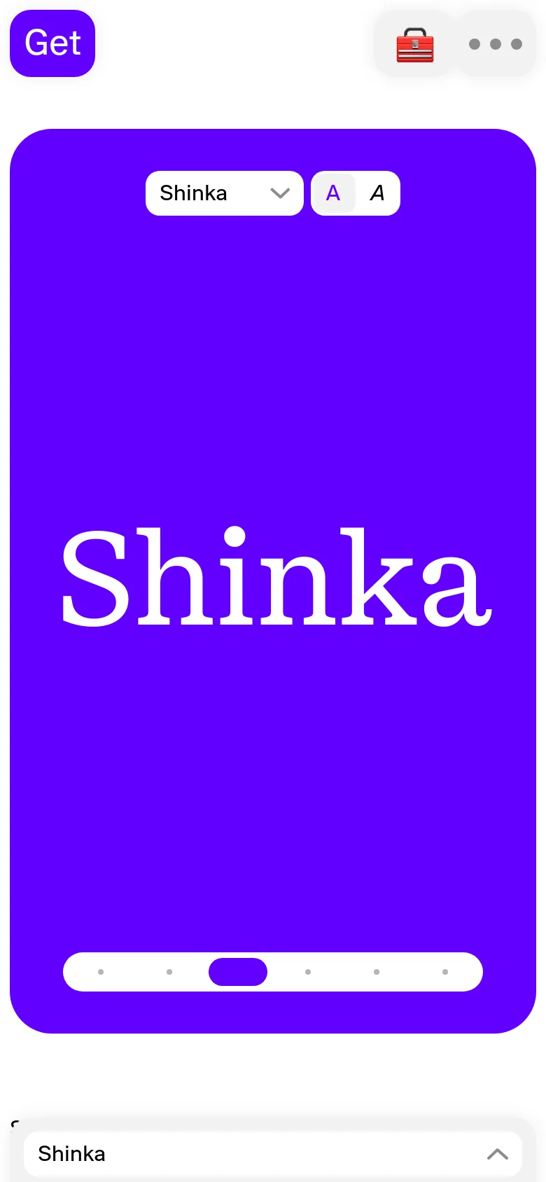 The mobile version presents a similar layout with a large purple hero area containing the white 'Shinka' typeface. The navigation and controls are condensed, with the typeface selector and size controls stacked vertically above the main text. A bottom navigation bar includes a 'Get' button and a shopping bag icon.