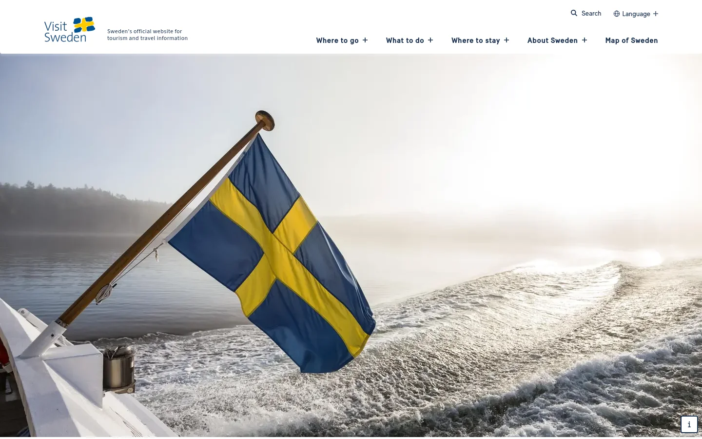 A large hero image shows the back of a boat moving through misty water, featuring a prominent Swedish flag waving in the foreground. Below the image, the 'Contact us' page features a clean white layout with a welcome message and a list of names, job titles, and email links for the web and social media team.