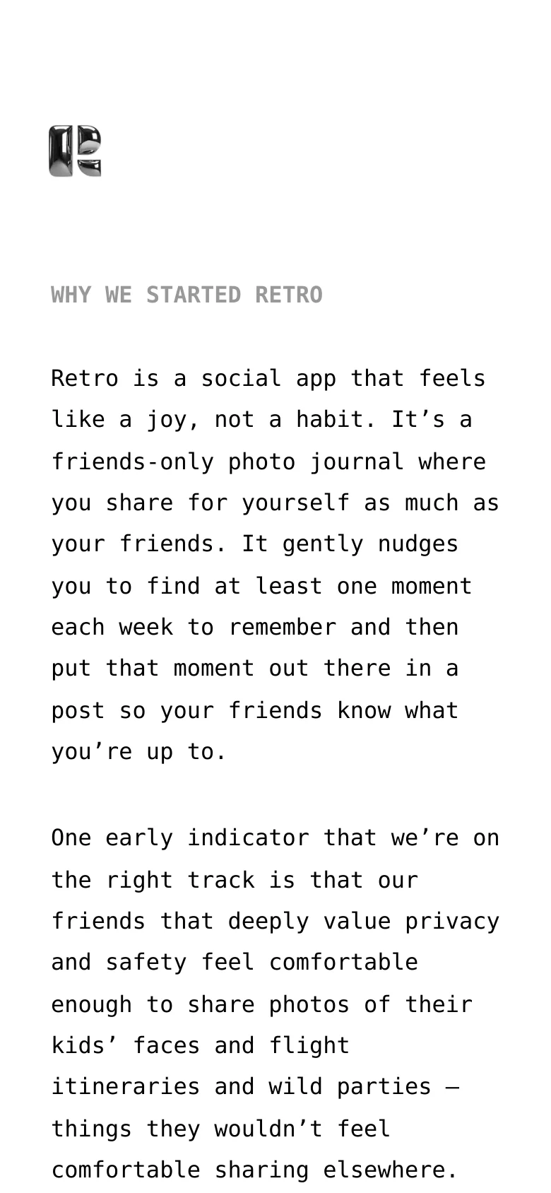 The mobile version maintains the same minimalist aesthetic and content as the desktop version but uses a single-column layout optimized for vertical scrolling. The text is centered and scaled for smaller screens, ensuring readability of the 'Why We Started Retro' section and the primary call to action.