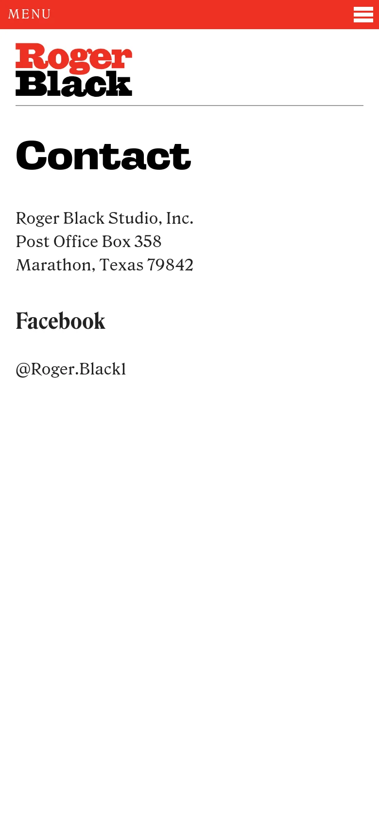 The mobile version shows a red header bar with a white 'MENU' label and a hamburger icon. The Roger Black logo is prominently displayed below the header, followed by the 'Contact' heading and contact information arranged in a single vertical column.