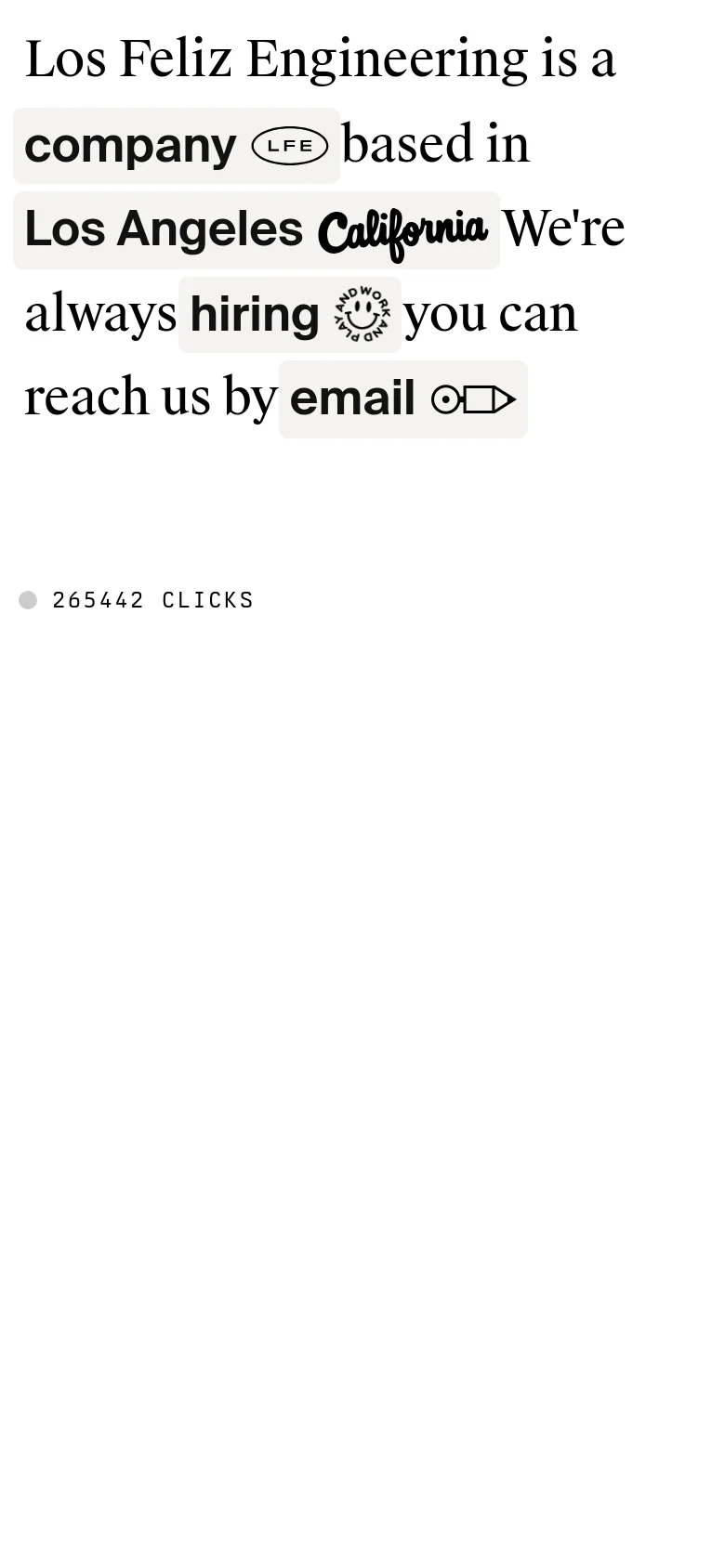 The mobile version maintains the minimalist white and black aesthetic but uses a larger, stacked typographic layout to accommodate the narrower screen. The text is centered and prominent, and the click counter at the bottom shows '265442 CLICKS'.