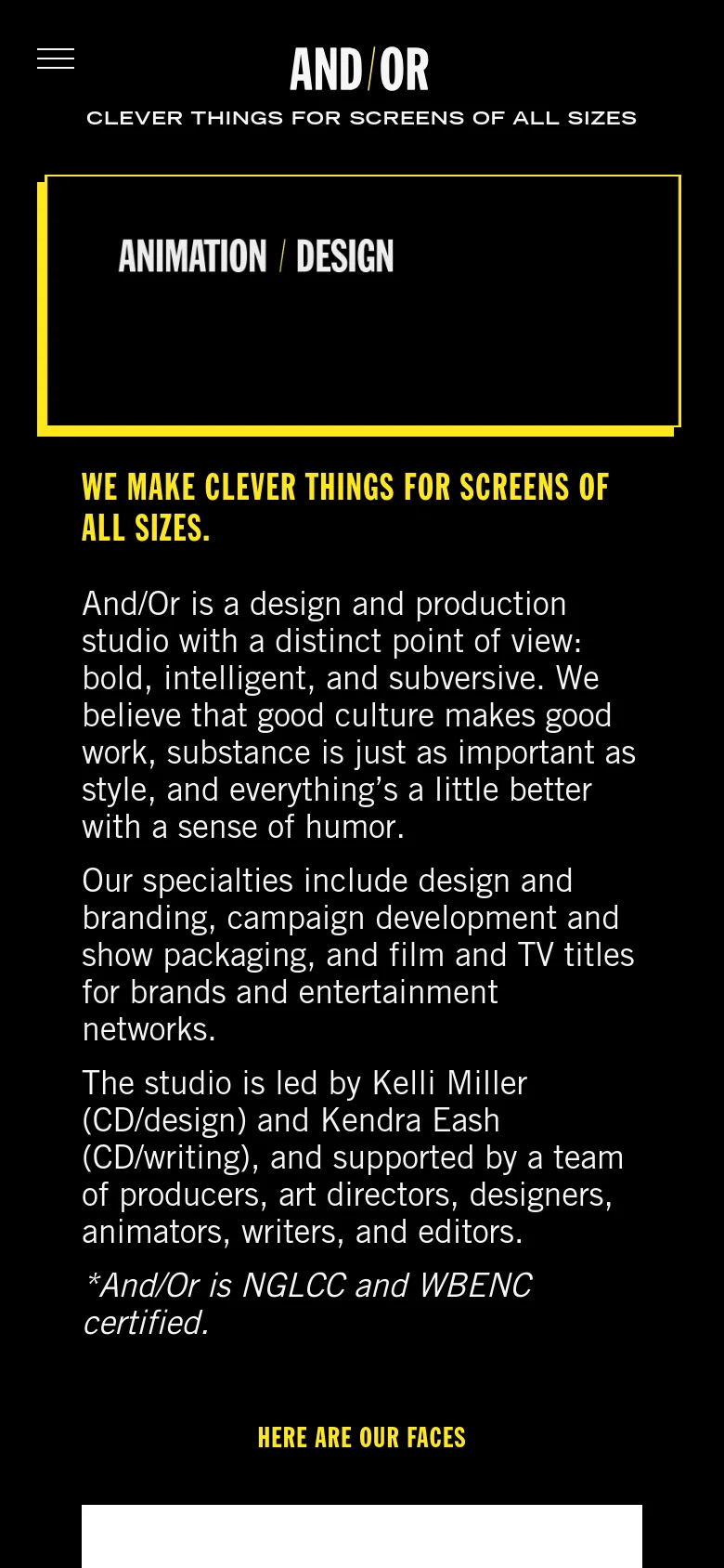 And/Or about page in a mobile layout with a black background and yellow accents. The hero typography is reflowed into a stacked format within a yellow border, followed by vertically stacked text sections and a simplified navigation menu.