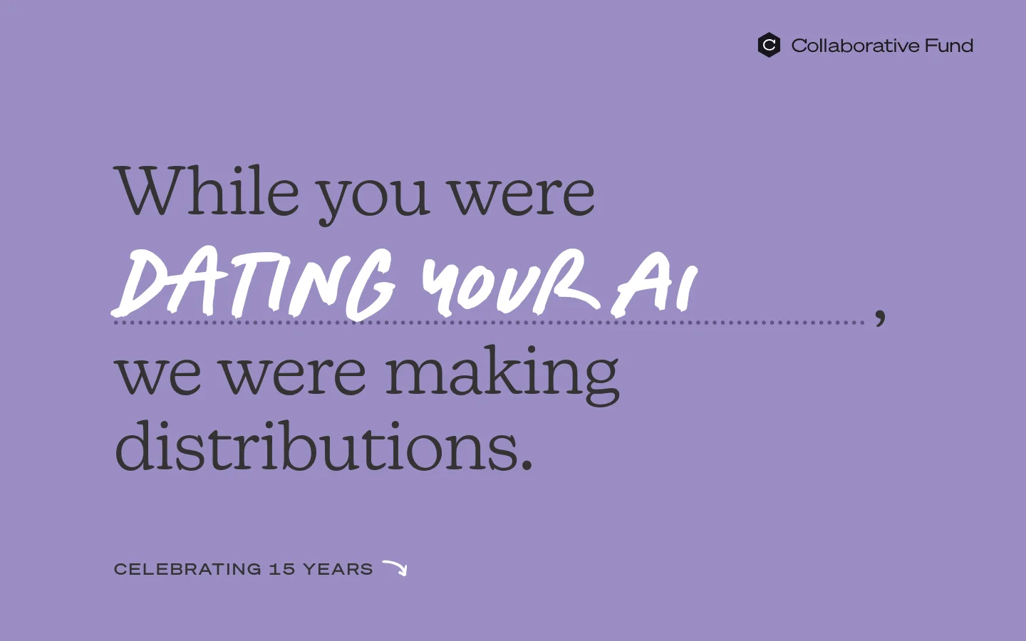 The desktop homepage features a lavender background with the Collaborative Fund logo in the top right. Large, bold serif typography dominates the center, reading 'While you were DATING YOUR AI, we were making distributions.' A 'CELEBRATING 15 YEARS' call to action with an arrow is located at the bottom left.
