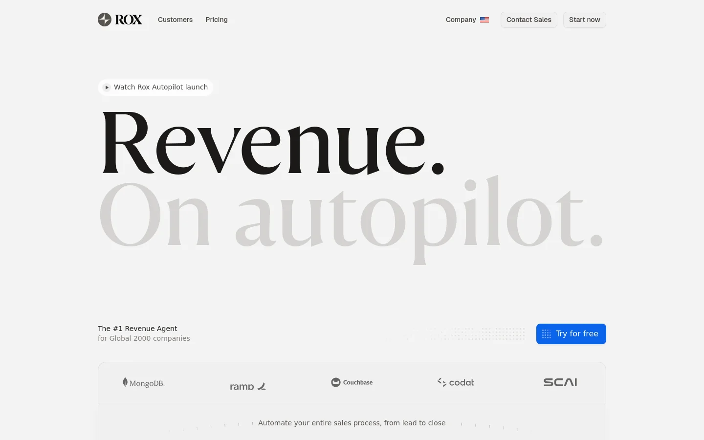 The desktop homepage features a clean, minimalist design with a light gray background and dark serif typography. A large hero headline reads 'Revenue. On autopilot.' above a subheadline and a blue 'Try for free' call-to-action button, with a scrolling marquee of customer logos like MongoDB and Ramp below.